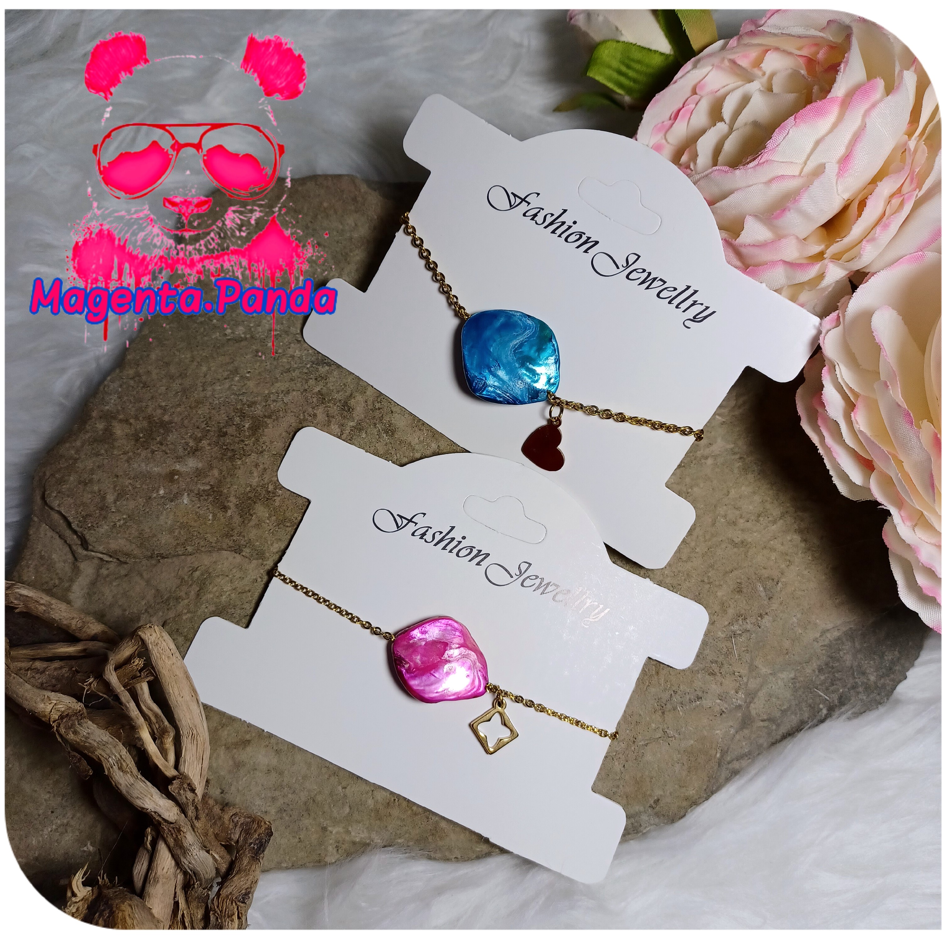 دستبند خاص ترکیب استیل و صدف رنگی در دو رنگ آبی و صورتی