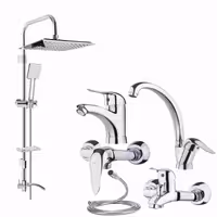 ست شیرآلات اهرمی رویال مجموعه 6 عددی کروم به همراه علم دوش حمام دوکاره تمام استیل و شلنگ سرویس بهداشتی 