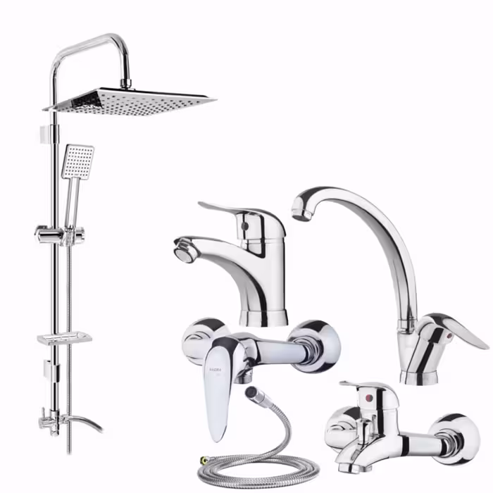 ست شیرآلات اهرمی رویال مجموعه 6 عددی کروم به همراه علم دوش حمام دوکاره تمام استیل و شلنگ سرویس بهداشتی 