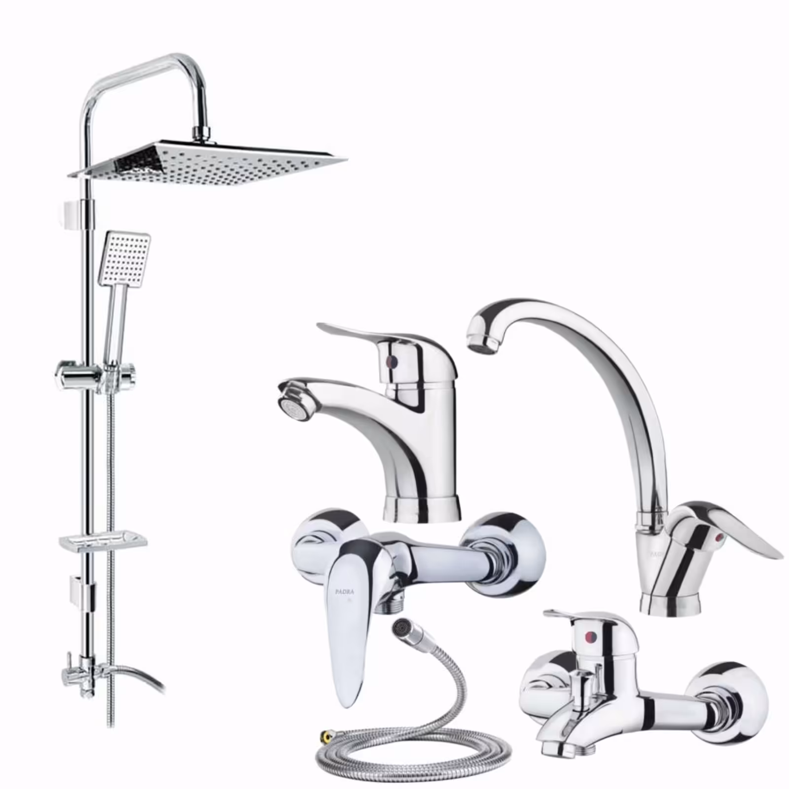 ست شیرآلات اهرمی رویال مجموعه 6 عددی کروم به همراه علم دوش حمام دوکاره تمام استیل و شلنگ سرویس بهداشتی 