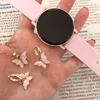 نام ست ال ای دی بند ژله ای صورتی همراه با گردنبند و گوشواره پک کامل ساعت بسیار شیک 