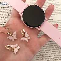 نام ست ال ای دی بند ژله ای صورتی همراه با گردنبند و گوشواره پک کامل ساعت بسیار شیک 