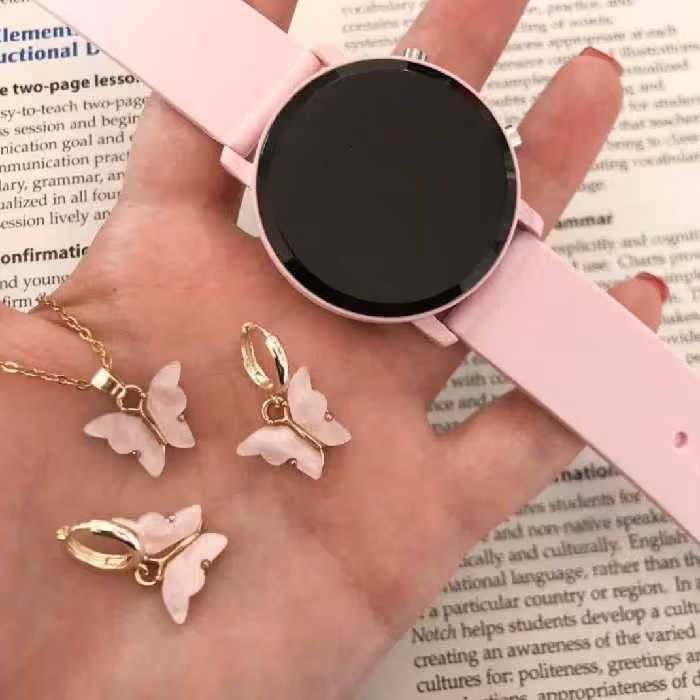 نام ست ال ای دی بند ژله ای صورتی همراه با گردنبند و گوشواره پک کامل ساعت بسیار شیک 