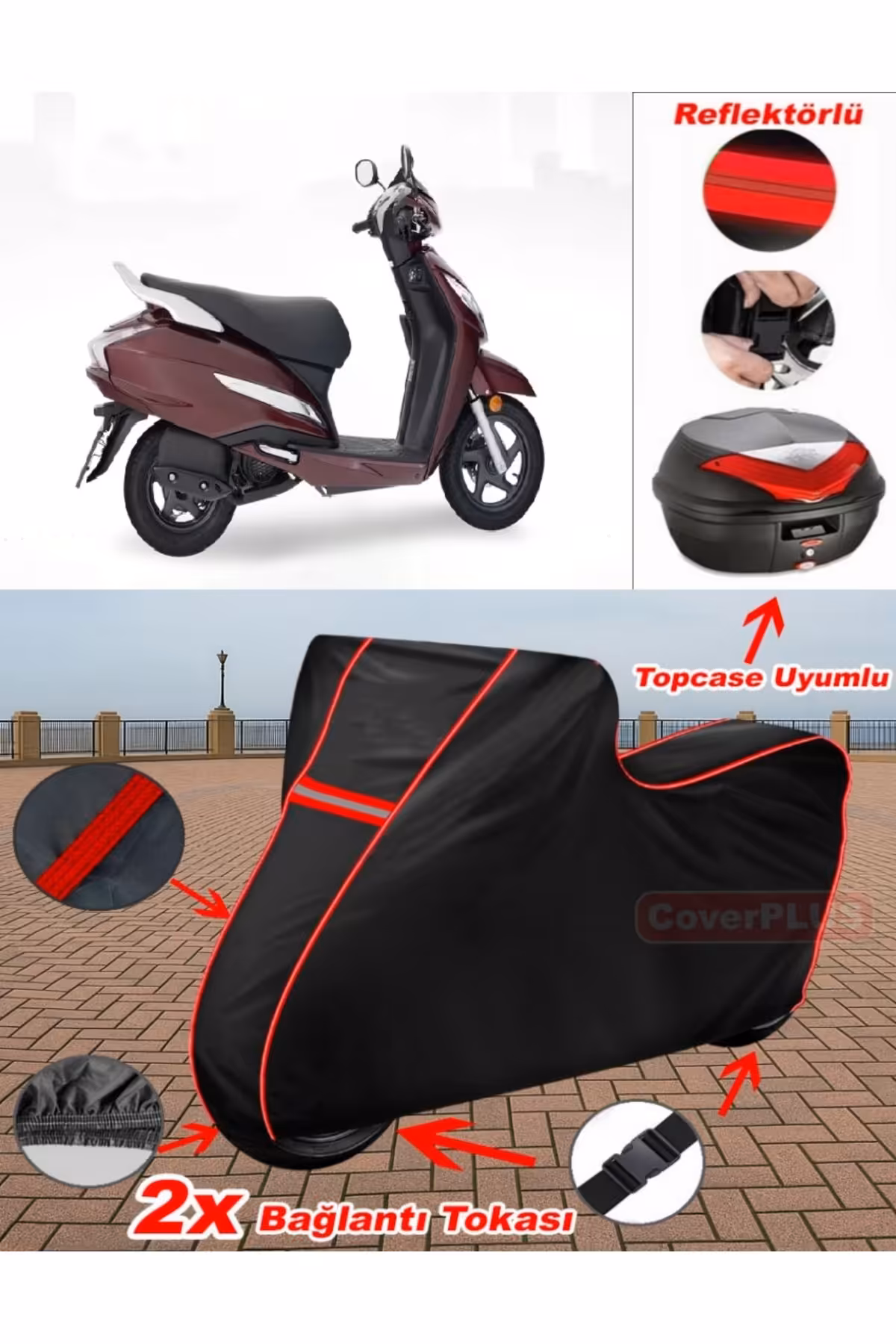 چادر موتورسیکلت قرمز HONDA ACTVA 125 BRANDA مشکی TOPCASE کیسه عقب سازگار با هدف موتور خیاطی CoverPlus