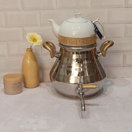 کتری قوری روگازی کد304 اف ار طرح الوندطلایی سماورشیردارکف چدن دسته نسوز قوری شکس