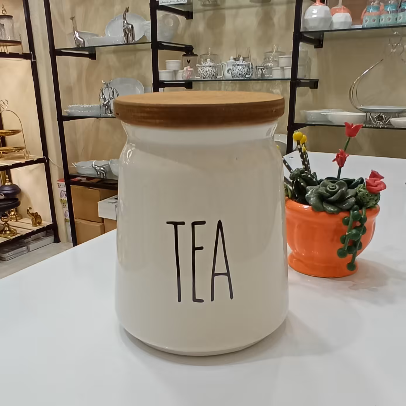 بانکه چای درب بامبو،تکست tea,بدنه سرامیک،تک رنگ