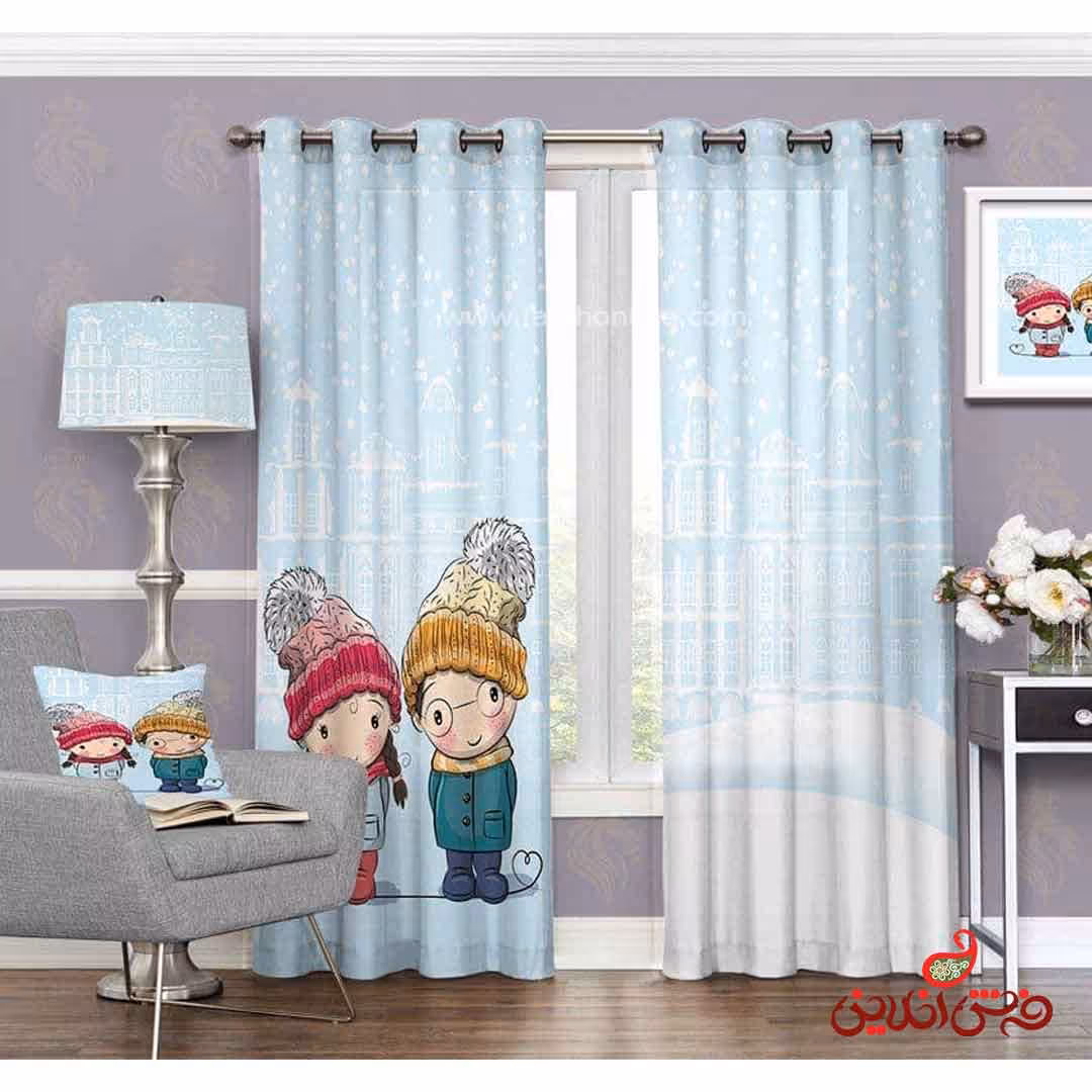 پرده 2عددی کودک طرح دختر و پسر کلاه دار کد 3174