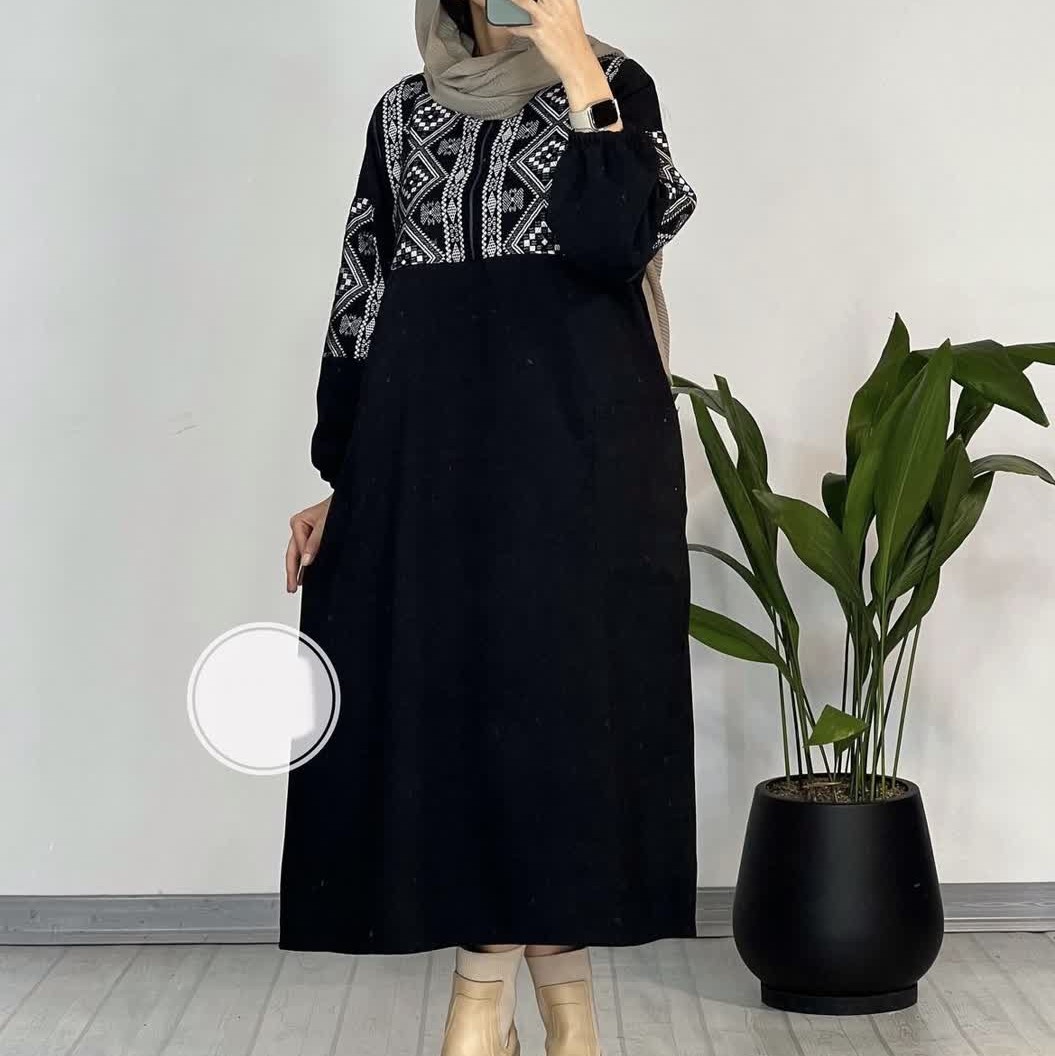 مانتو پیراهنی زنانه مخمل کبریتی پاییزه با خرجکار سوزن دوزی