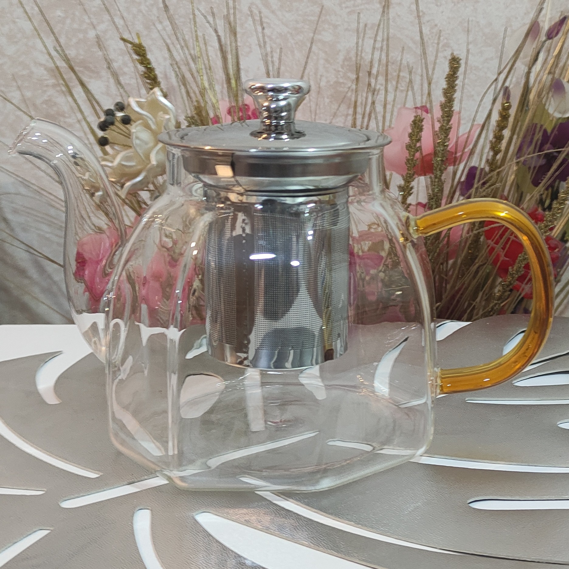 قوری پیرکس 900میل شعله مستقیم دسته رنگی توری دار