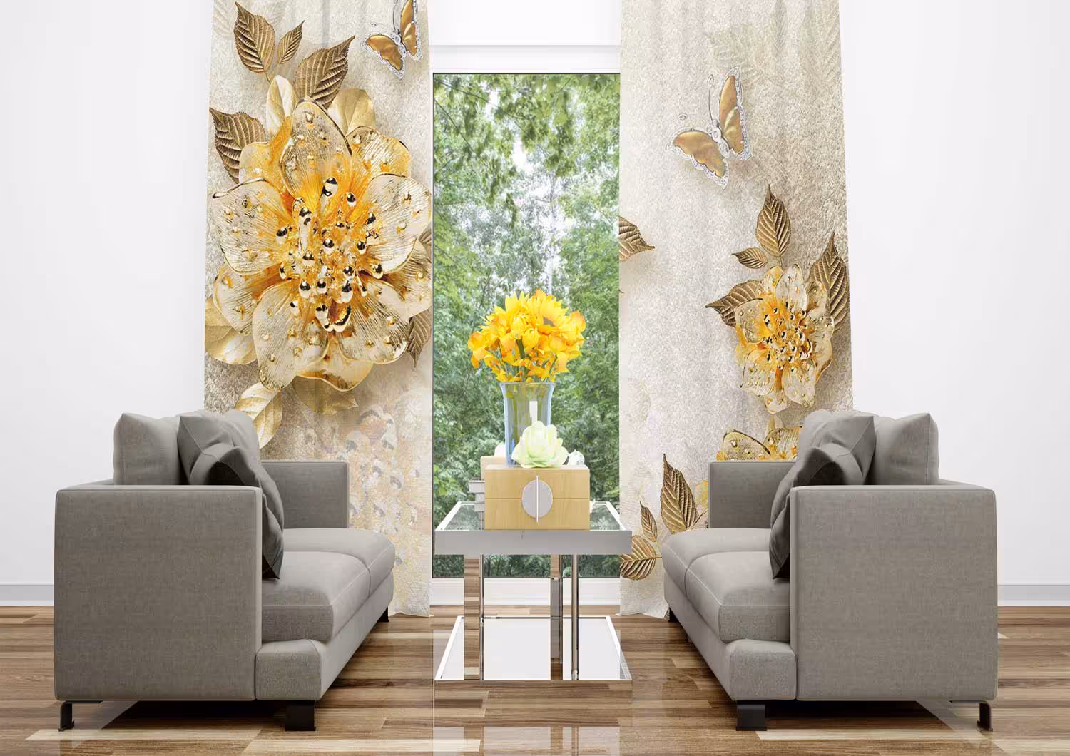 پرده تصویری گل فلزی طلایی