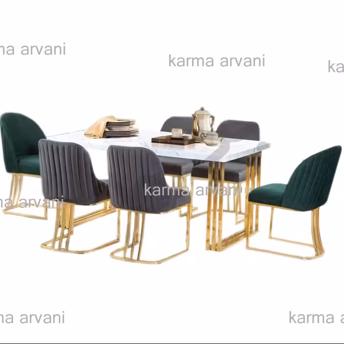 میز ناهار خوری لوتوس طوسی سبز  155در90در77  استیل طلایی فورتیک 6نفره برند کارما ارسال رایگان 