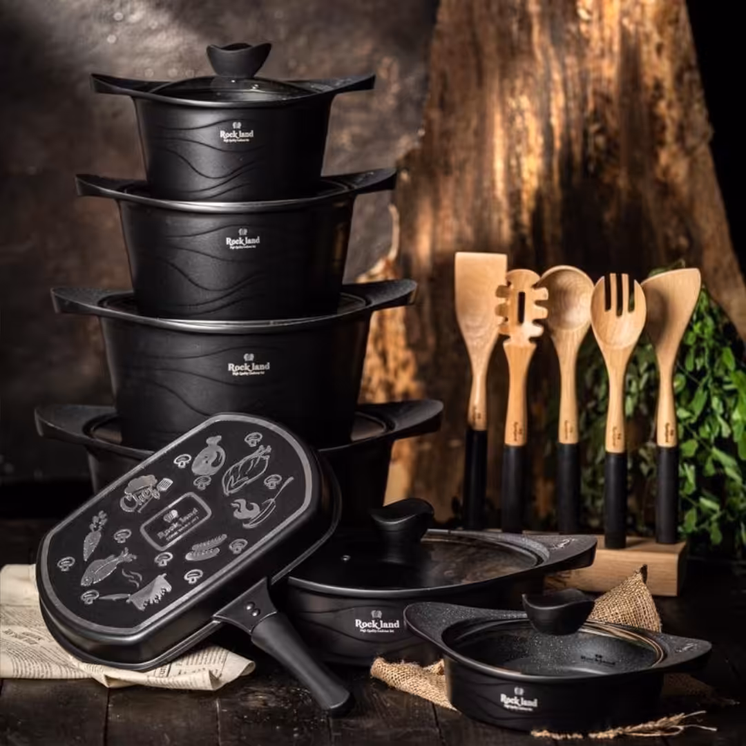 سرویس قابلمه چدن گرانیت 14پارچه برند راکلند مدل موجی رنگ مشکی