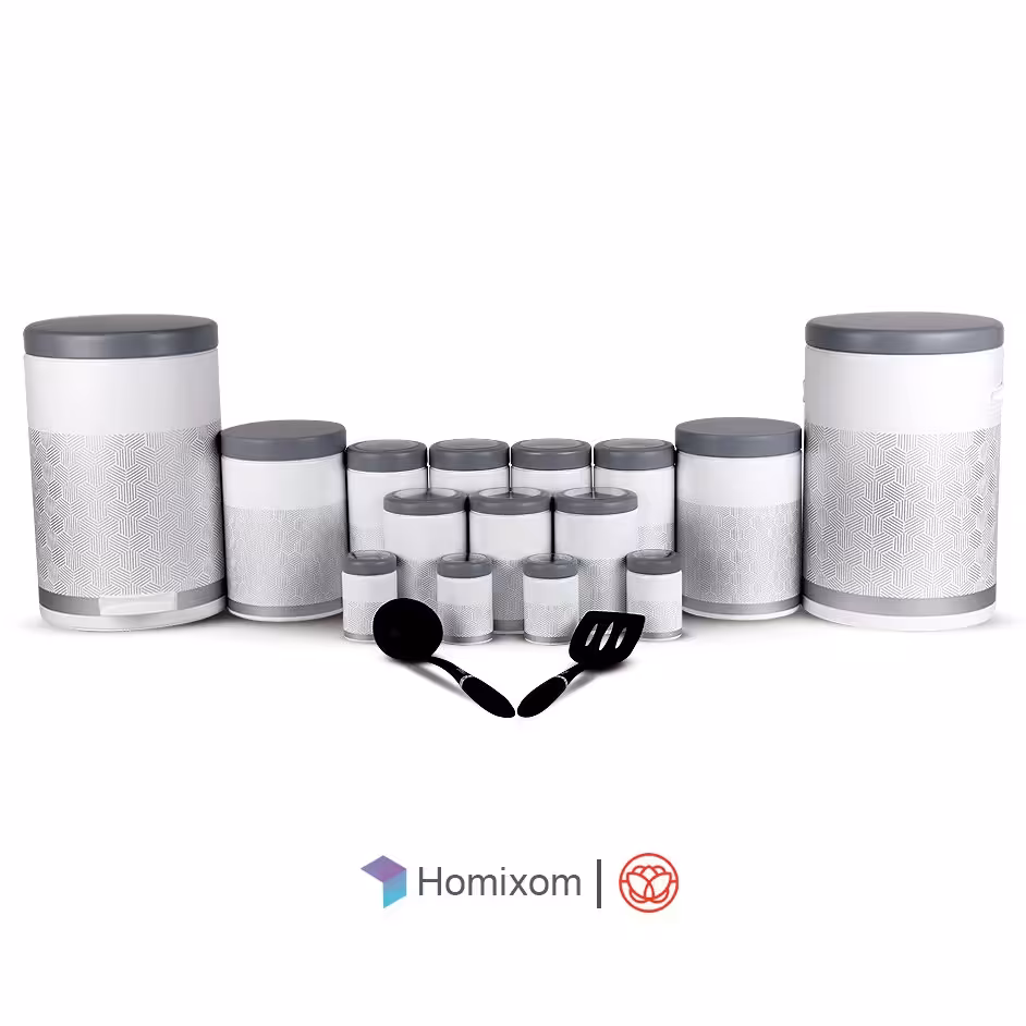 سرویس آشپزخانه جدید اورانوس 17 پارچه مدل پترن سفید با درب طوسی