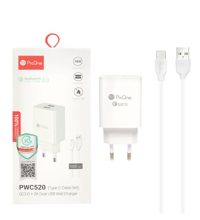 شارژر دیواری پرووان 18 وات مدل PWC520 با کابل شارژ  تایپ سی (دو پورت)