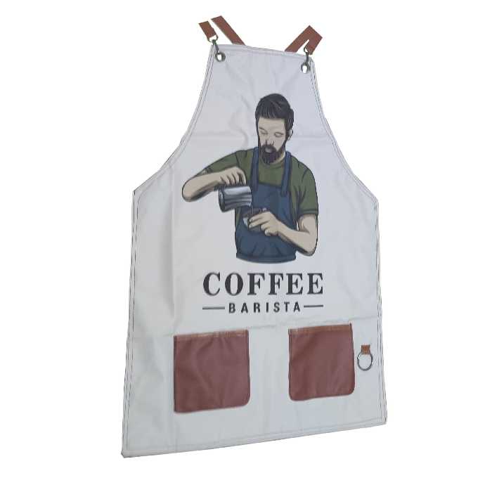 پیش بند باریستا رنگ کرم با کیفیت عالی جنس پارچه و چرم