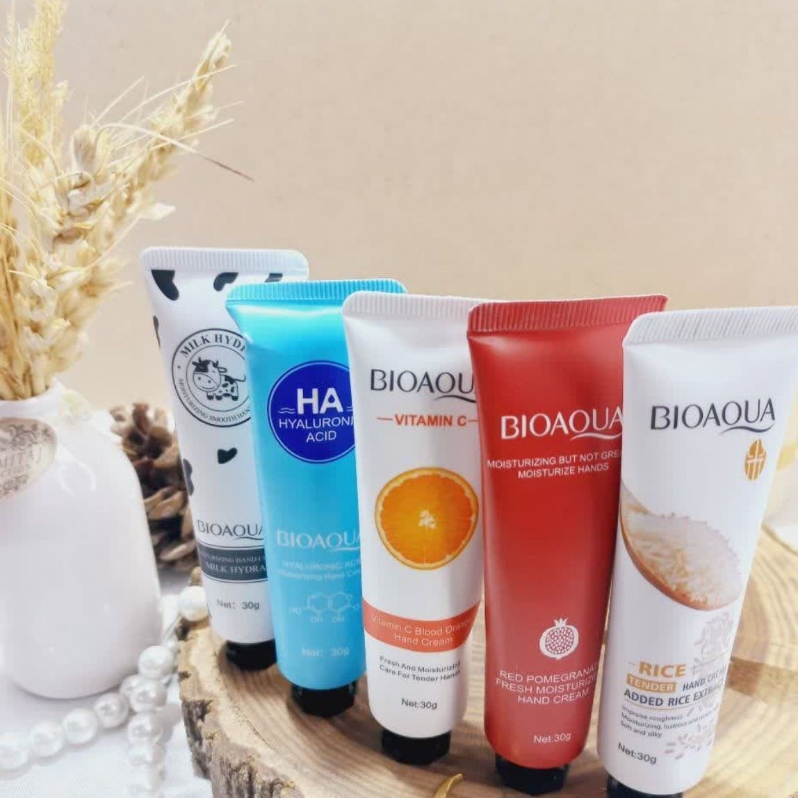 پک پنج عددی کرم دست وصورت بیواکوا در 5 نوع  انار ویتامین سی شیر و هیالورونیک اسید وبرنج