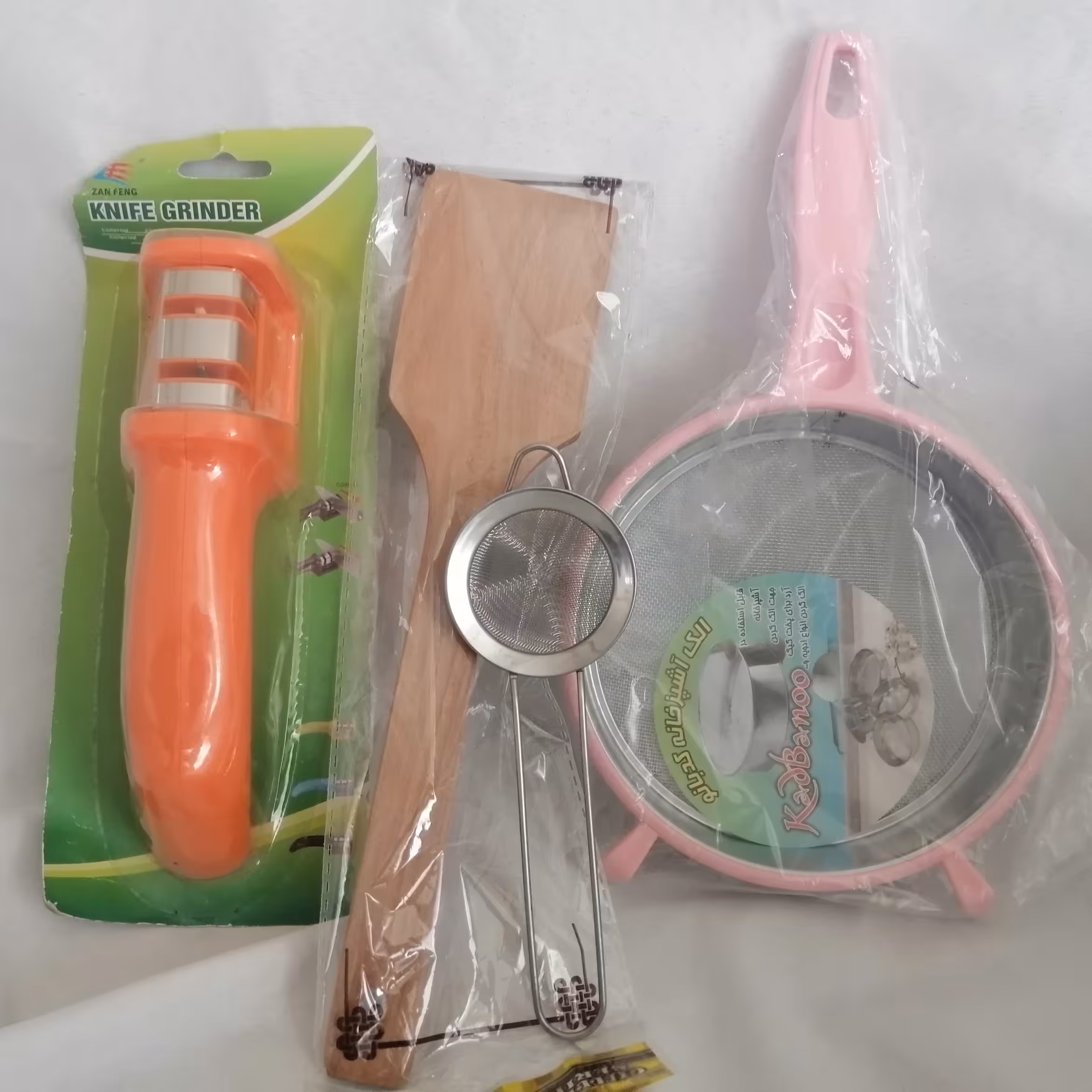 پک چند تایی صافی چایی کفگیر چوبی صافی پلاستیکی توری استیل چاقو تیز کن