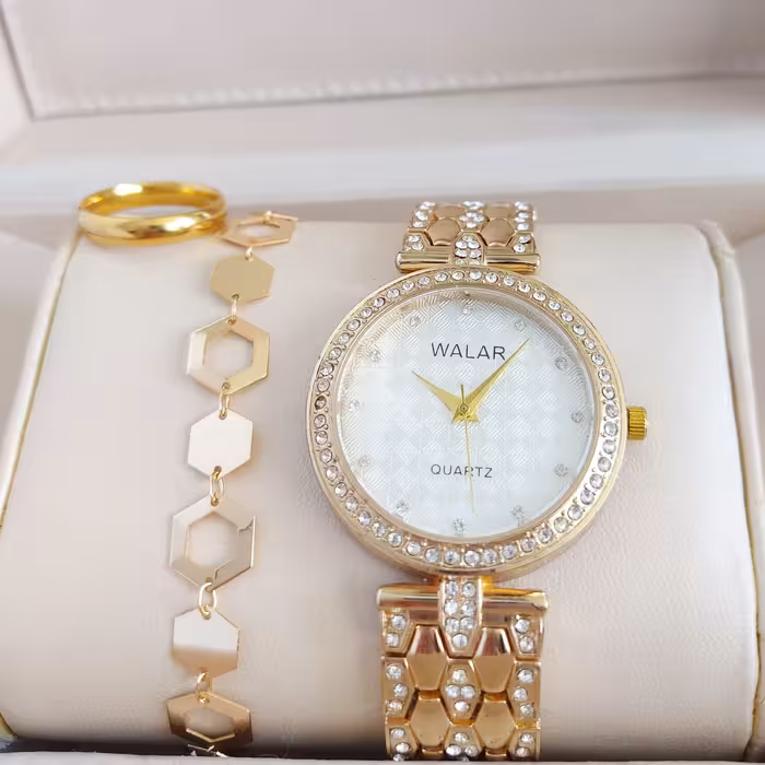 ست ساعت زنانه و دستبند مارک ysx ساعت نگین دار زنانه و بند پهن به همراه انگشتر 