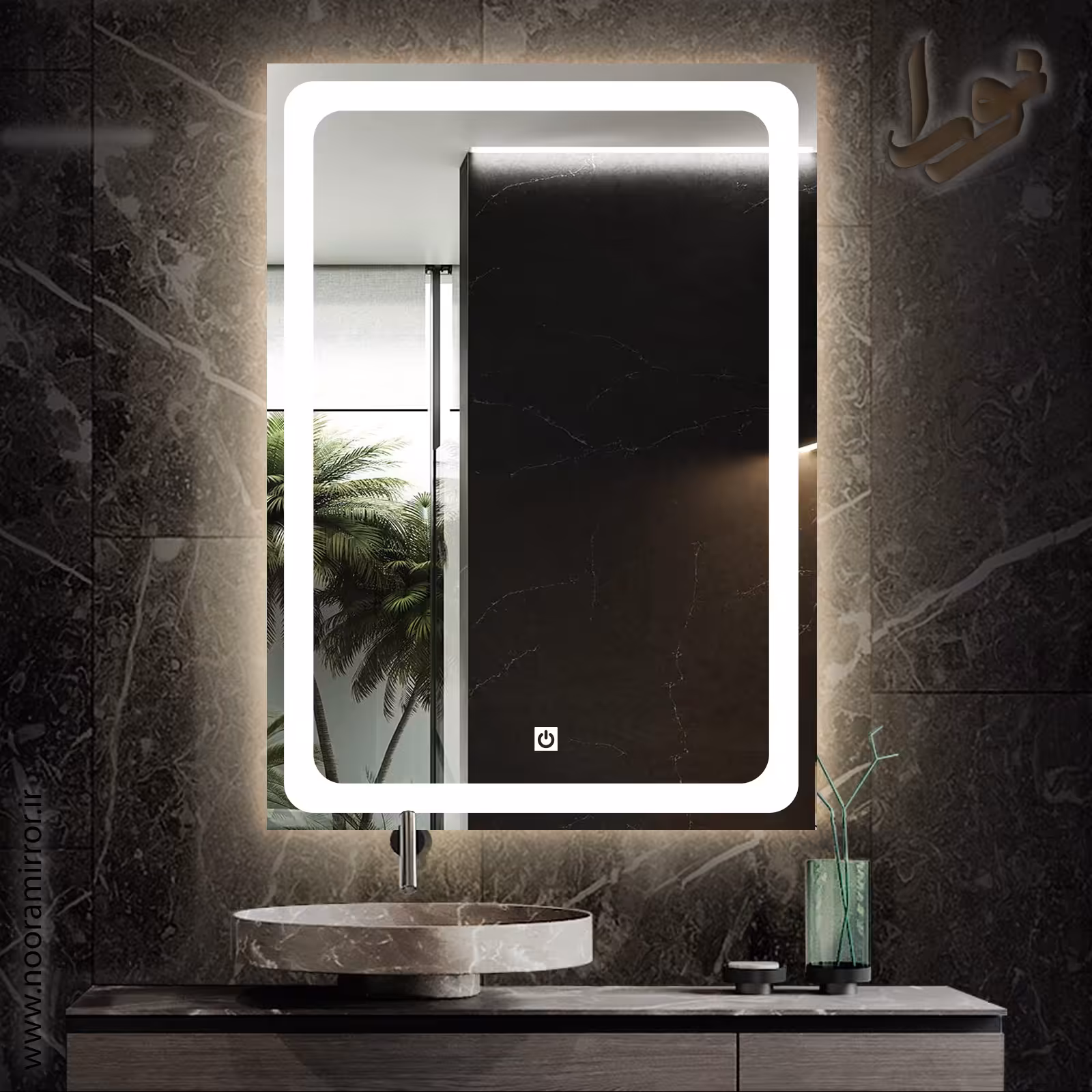 آینه بک لایت نورا . مستطیلی . طرح تک خط .  مجهز به سنسور لمسی 12 ولت . سایز 40 در 60