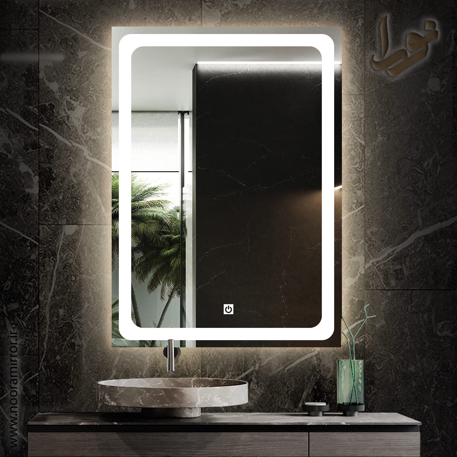 آینه بک لایت نورا . مستطیلی . طرح تک خط .  مجهز به سنسور لمسی 12 ولت . سایز 40 در 60