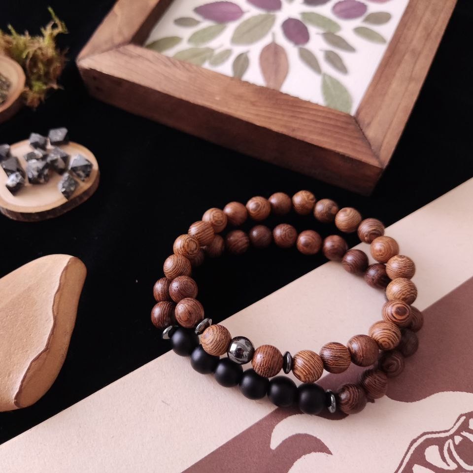 دستبندست دوردیف چوب وسنگ حدید