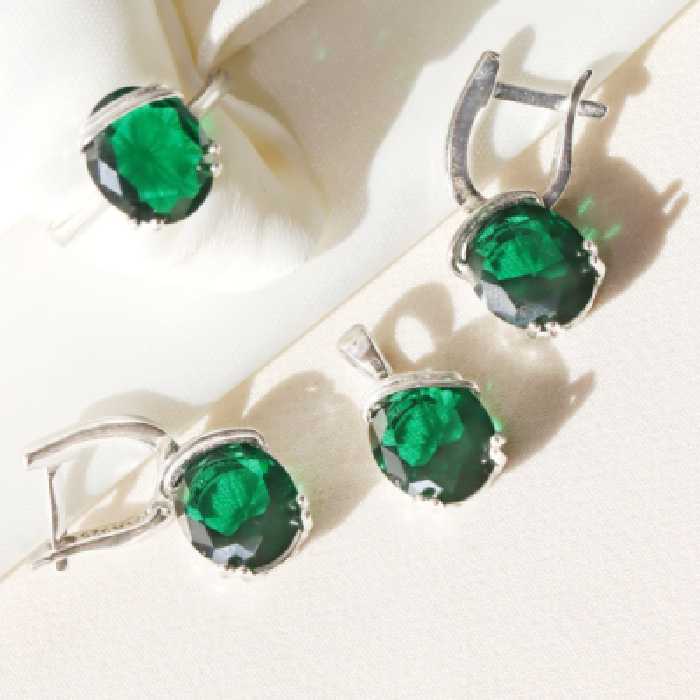 نیم ست نقره تک نگین سبز زمردی ساده و زیبا کد 3118