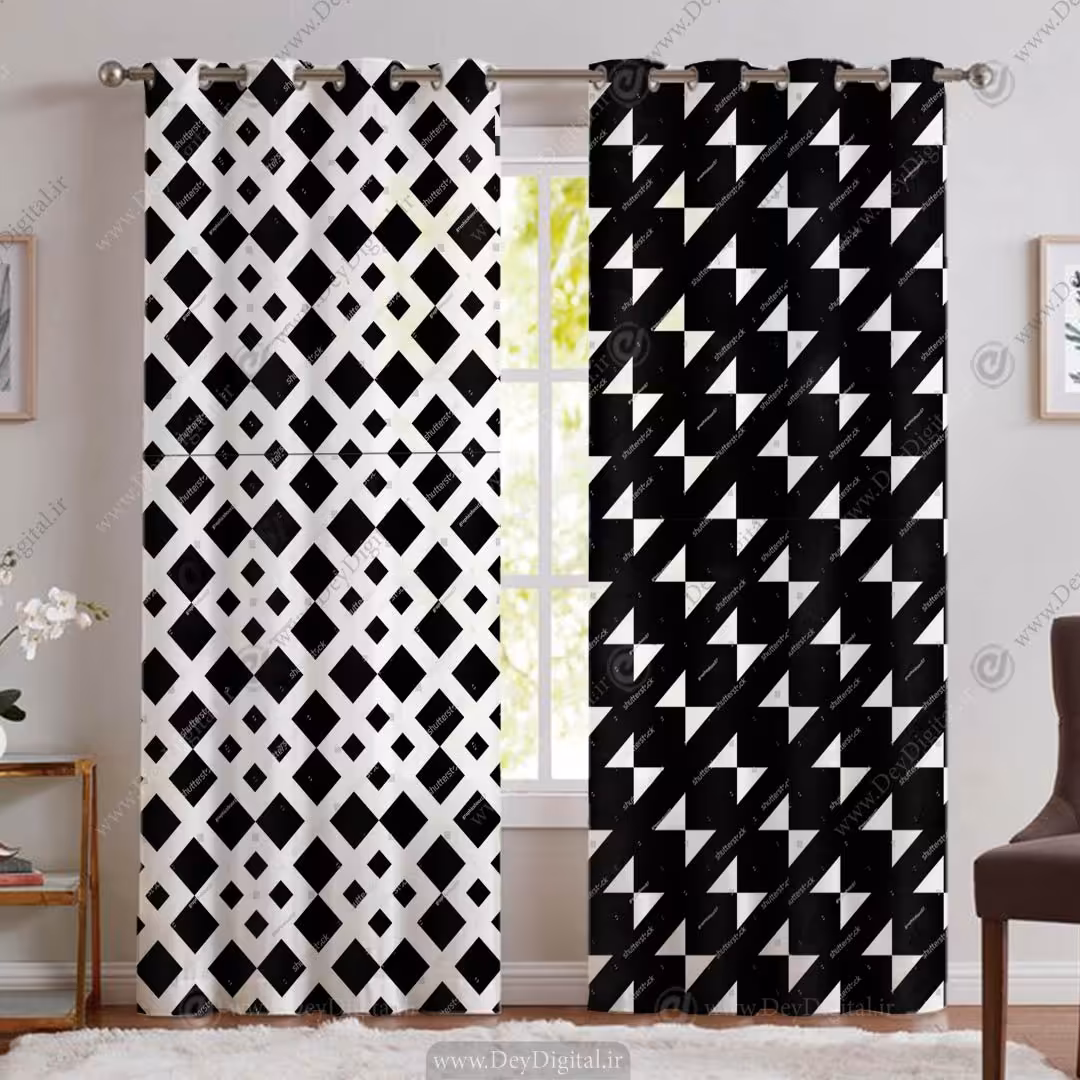 پرده پانچی مدل هندسی سییاه و سفید PK-5334