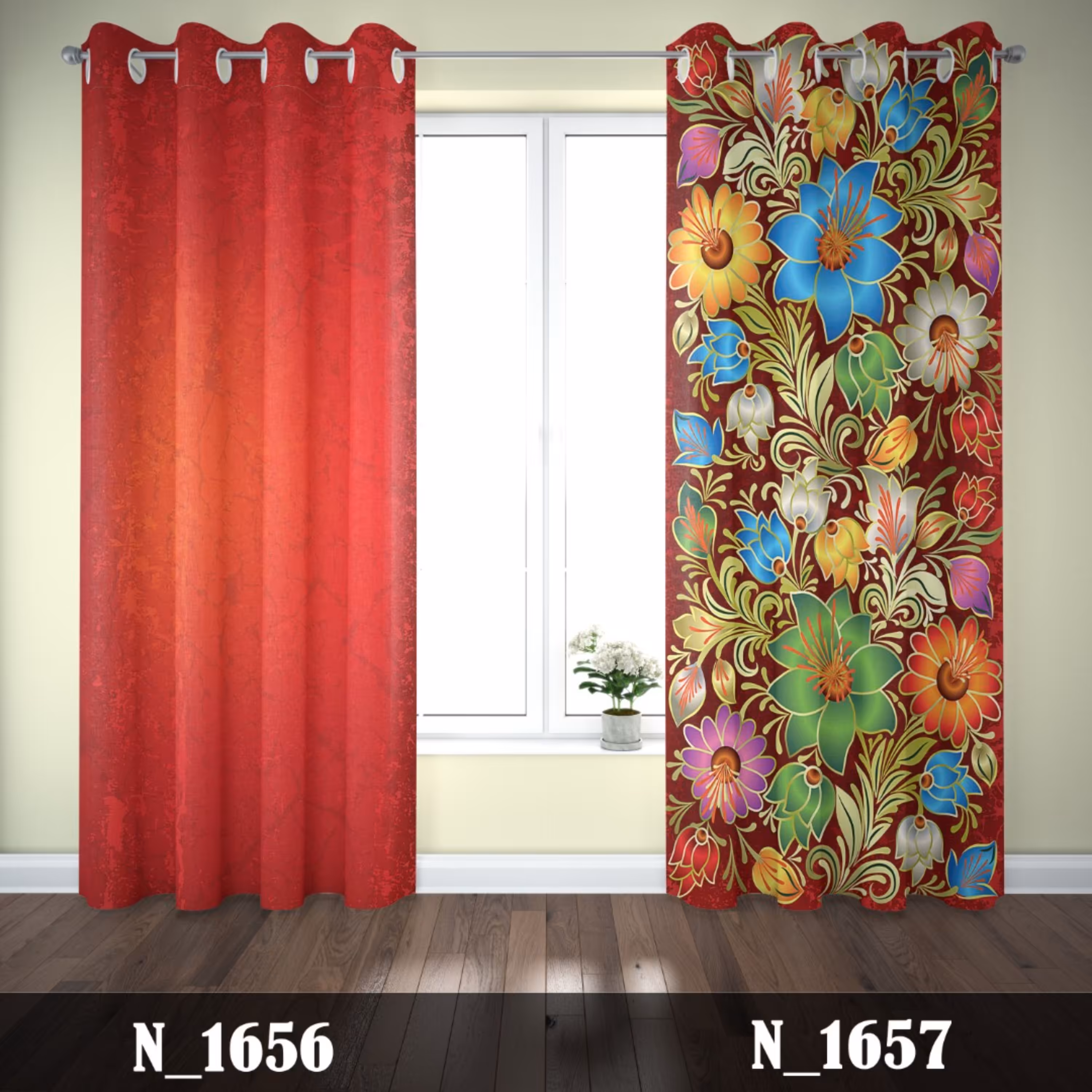 پرده چاپی پانچی طرح گل های رنگی زمینه قرمز  