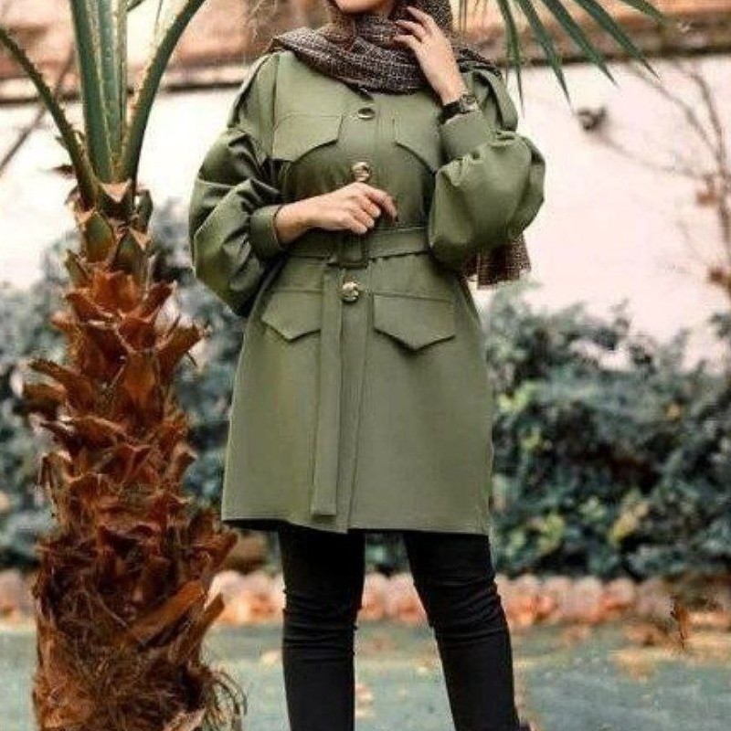 مانتو زنانه بهاره جنس کرپ مازراتی جیب دار و کمربند دار