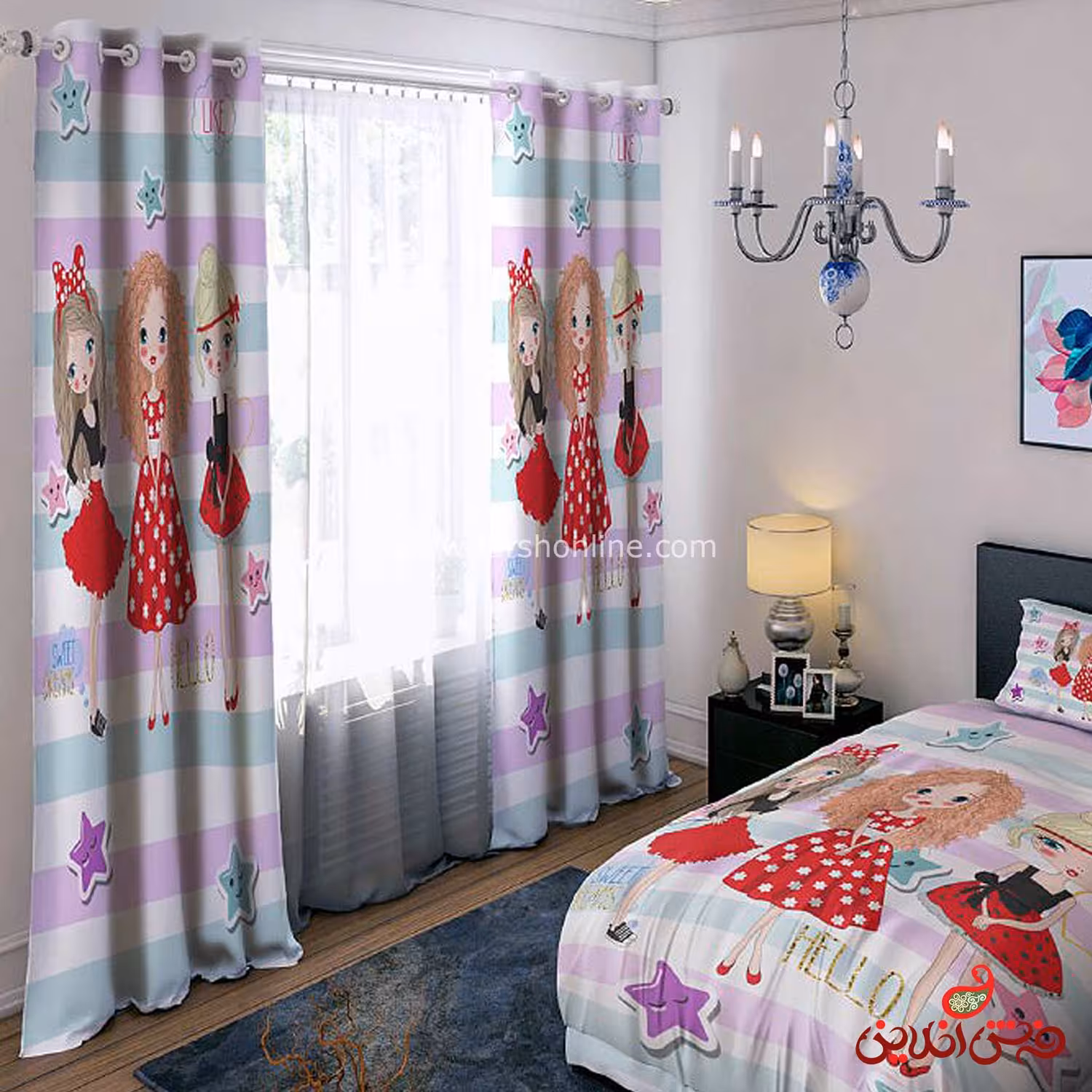 پرده 2 عددی کد 15385/1 طرح دختران با دامن قرمز