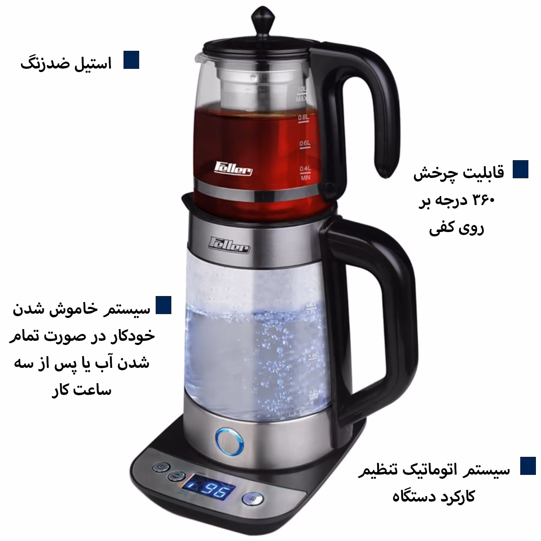 چای ساز فلر آلمان مدل TS-190(پرداخت درمحل)شیشه بسیار شفاف و مقاوم پیرکس بامتریال بسیارباکیفیت