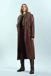 مانتو بلند چند رنگ زنانه جولیت قهوه ای چرمی Derimod