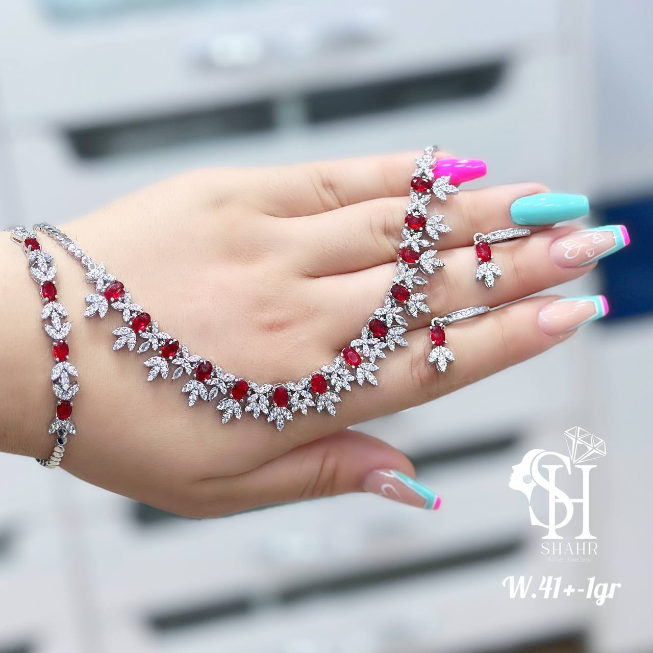 سرویس نقره جواهری. سنگ یاقوت سرخ عیار 925. همراه فاکتور