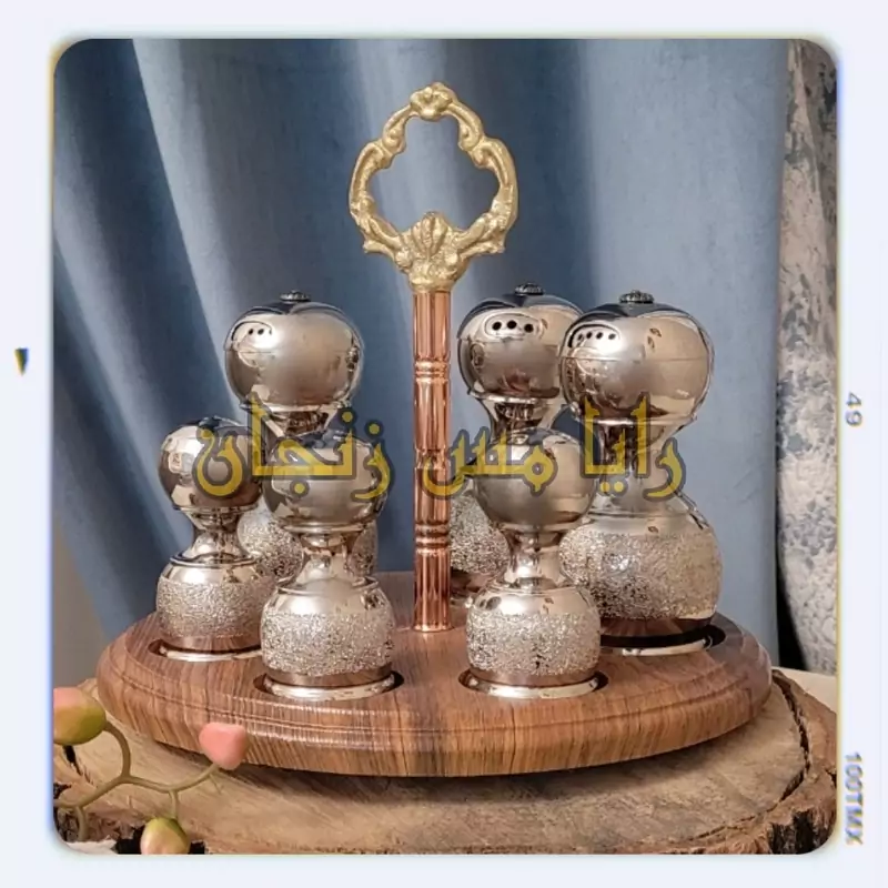 ادویه‌پاش و نمک‌پاش مسی با پایه چوبی - مدل سند بلاست رنک کروم - نانو شده - برند رایا مس زنجان