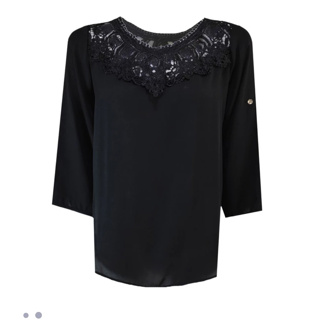 تخفیف روز مادر شومیز زنانه یقه گیپور مشکی سایز44و46 ارسال رایگان