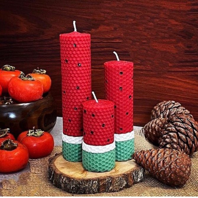 ست سه عددی شمع استوانه  موم عسلی مدل هندوانه