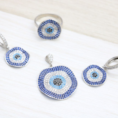 نیمست زنانه نقره طرح چشم زخم با انگشتر عیار 925 کد 1625