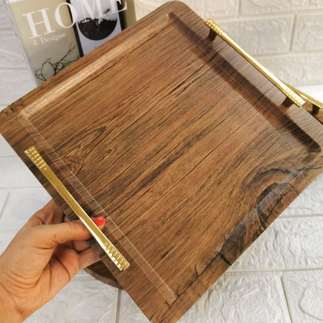 سینی چوبی دسته طلا