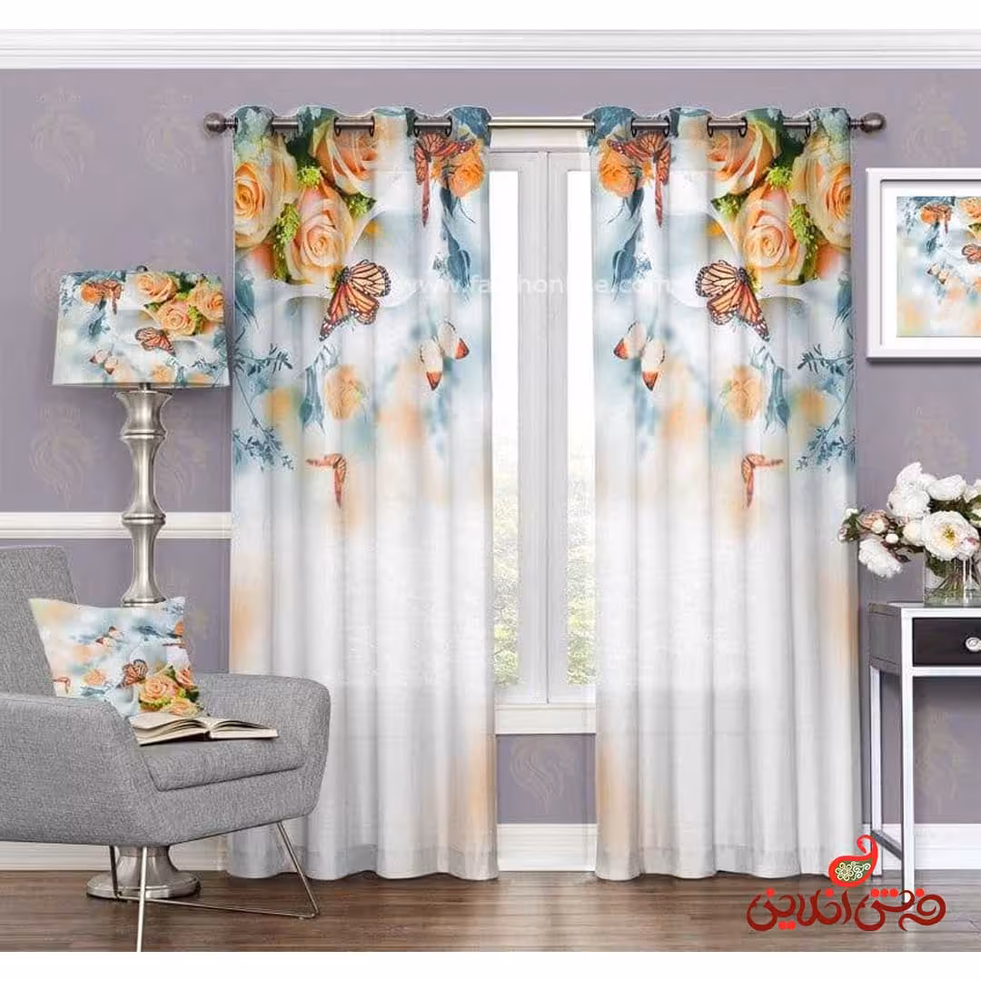 پرده طرح گل رز کرم و پروانه کد 3427