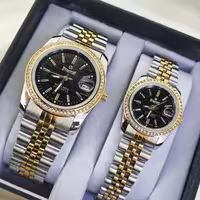 ساعت مچی ست زنانه و مردانه استیل موتور ژاپن ضد اب همراه با جعبه 