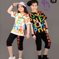 ست تیشرت شلوارک اسپرت حروف دورنگ سفید و مشکی جنس پنبه لاکرا عالی سایز 40 تا 55