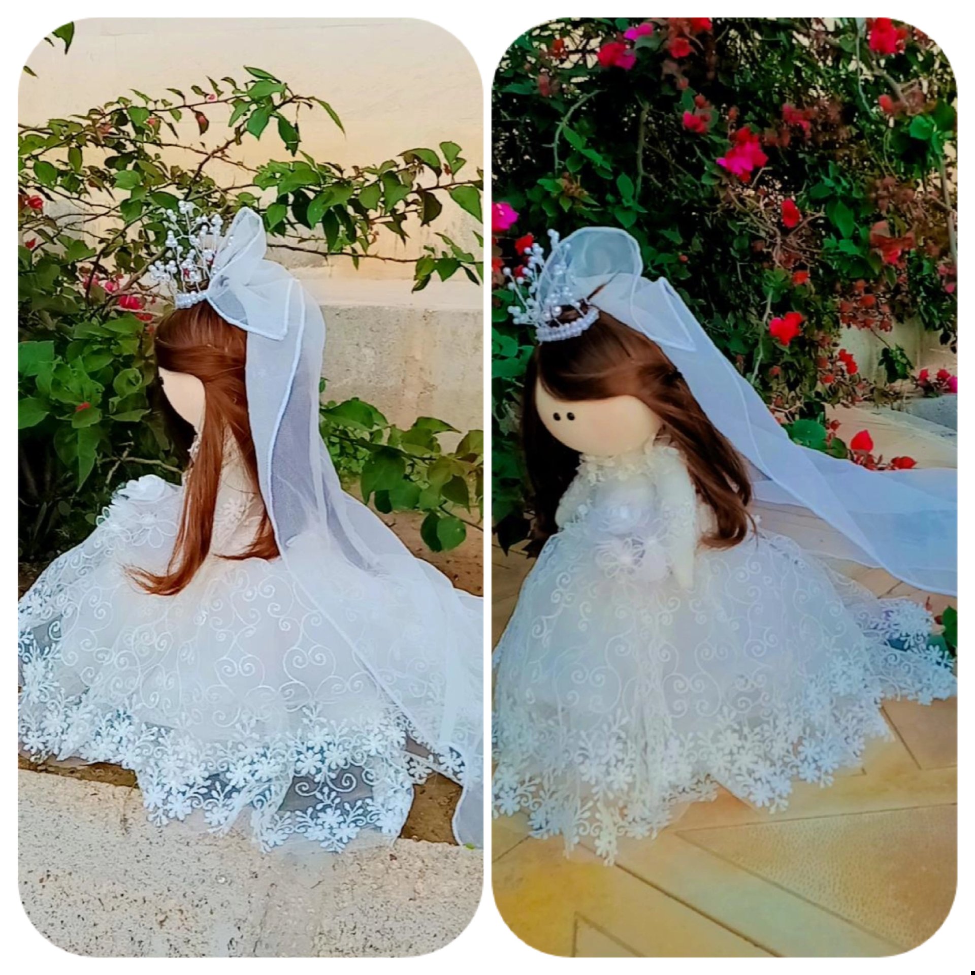 عروسک روسی عروس با لباس دنباله دار، دسته گل وتاج کاملا کار شده ارتفاع 38 سانت پارچه والیاف درجه یک 