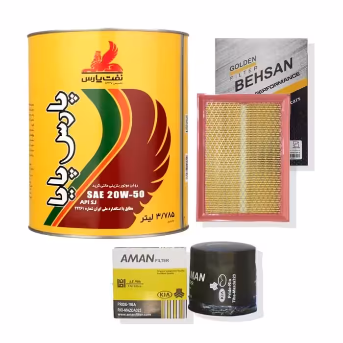پک سرویس روغن پراید یورو 2 روغن موتور پارس پایا 20w50 SJبهمراه فیلتر هوا و روغن