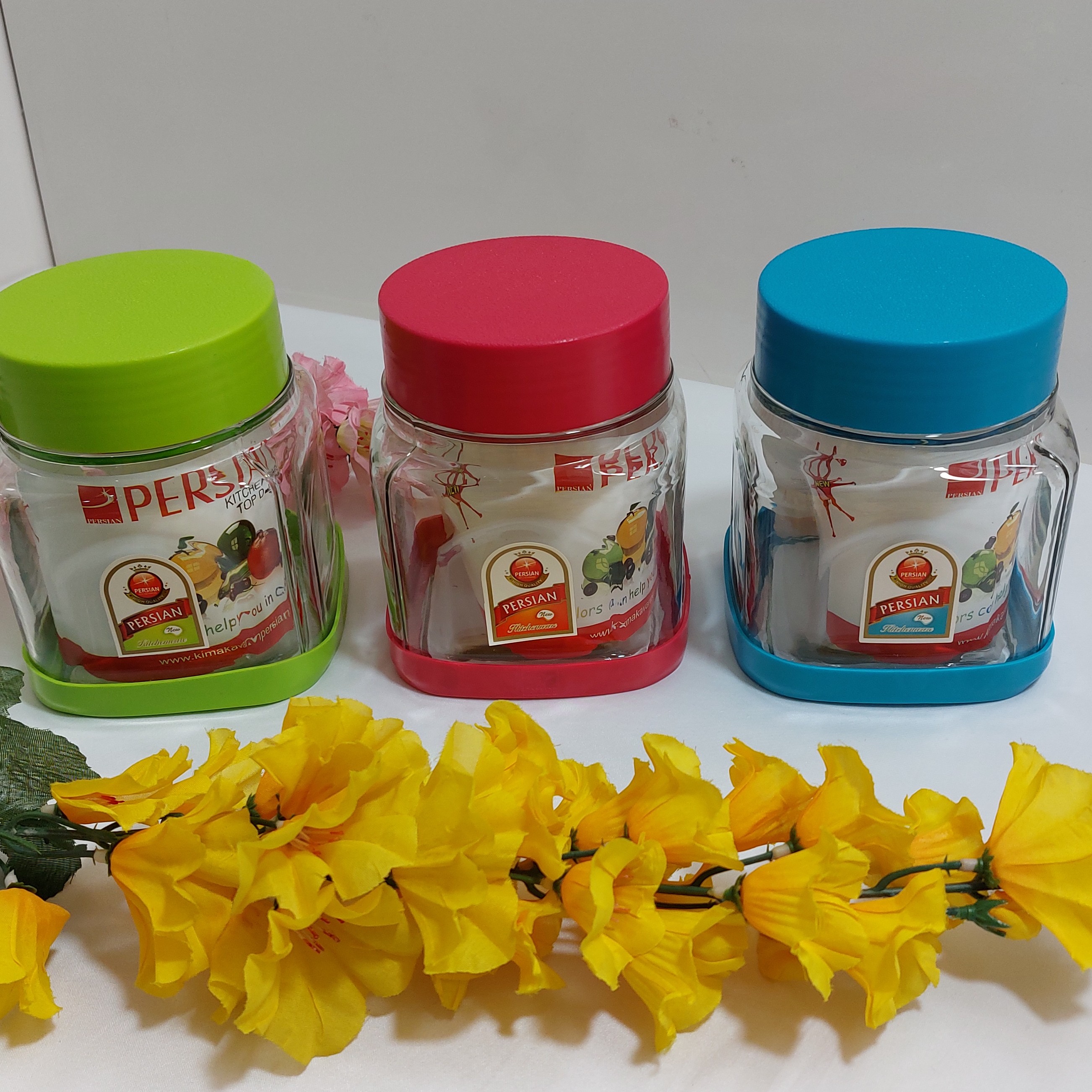 بانکه شیشه ای مربع درب رنگی سایز بزرگ مناسب حبوبات و سبزیجات و قند و شکر و...