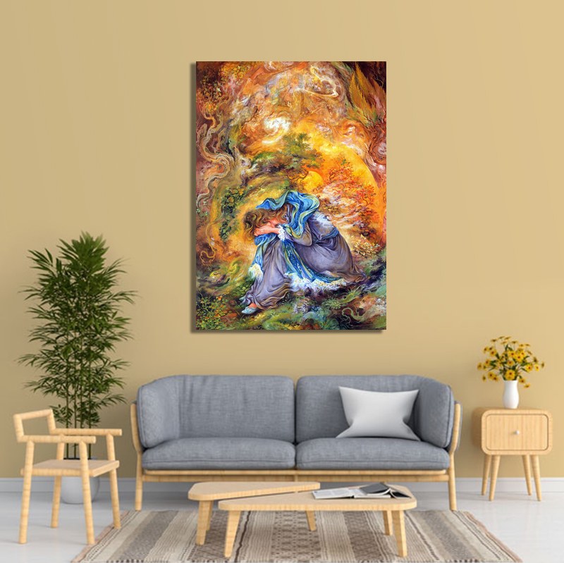 تابلو شاسی طرح نقاشی مینیاتور اثر استاد فرشچیان (رنج) اندازه 50 در 70 