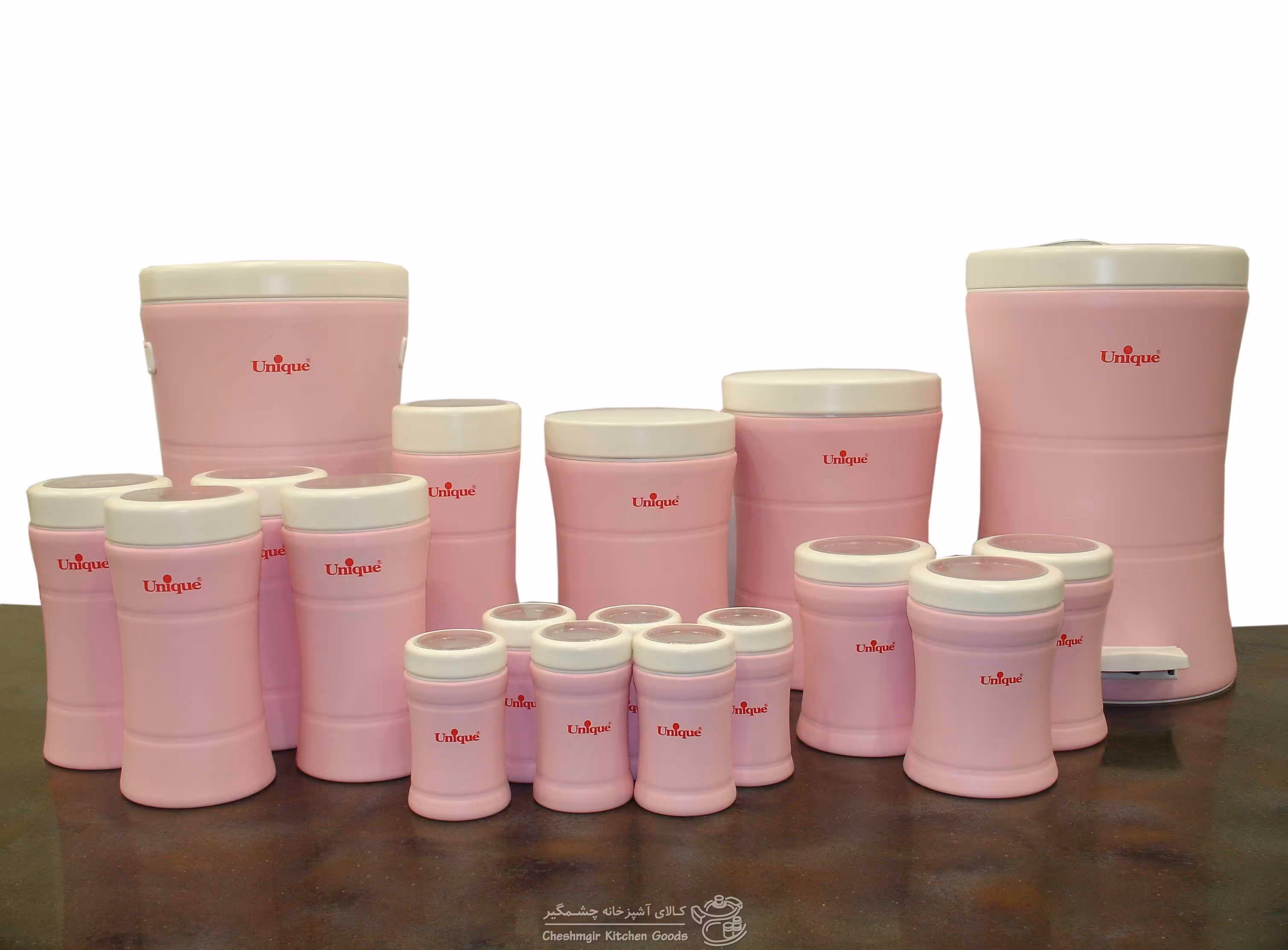 سرویس کمرباریک 18 پارچه صورتی درب سفید یونیک مدل UN-4650