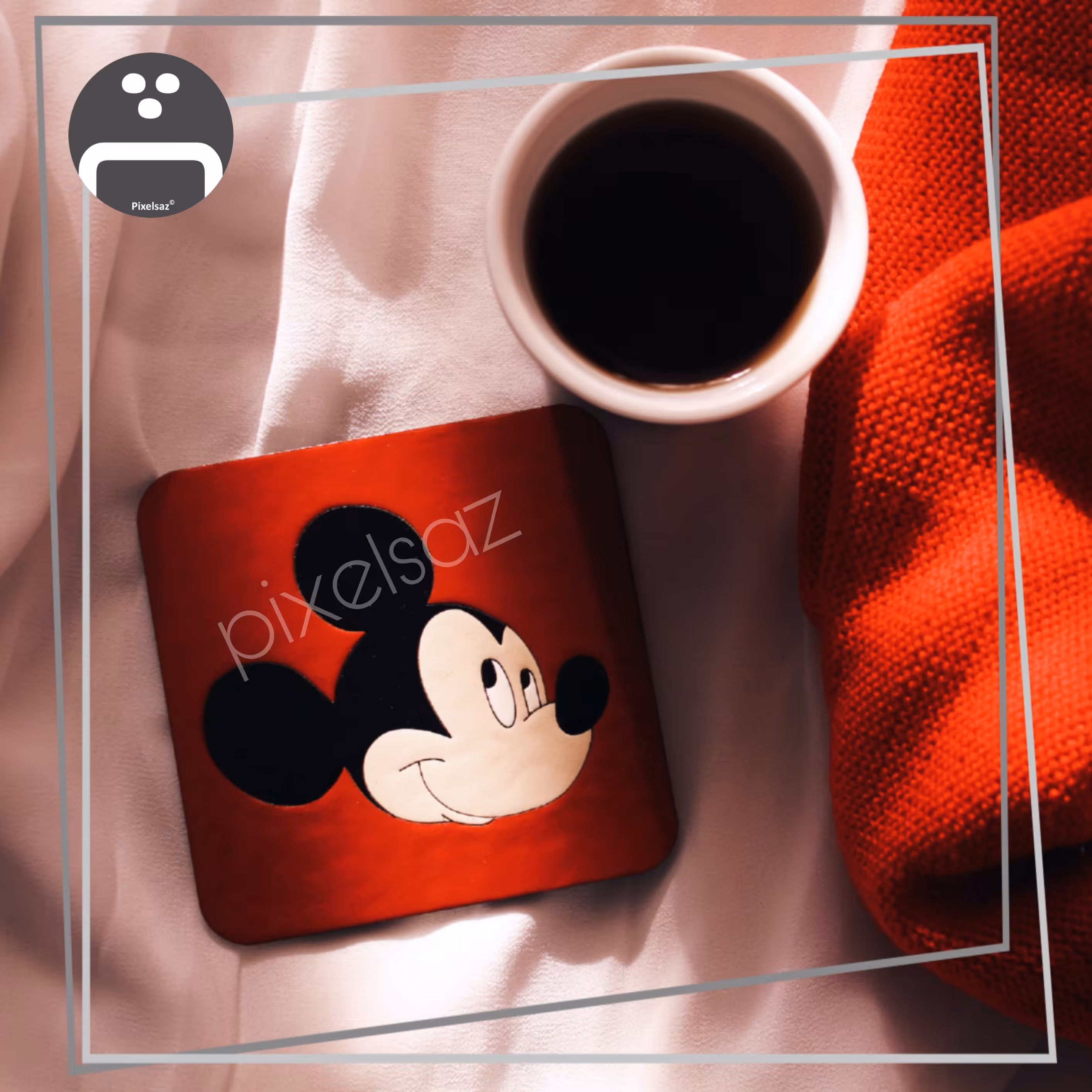 زیرلیوانی طرح میکی موس پیکسل ساز/جنس چوب و نقاشی شده/ضدآب/سایز9×9