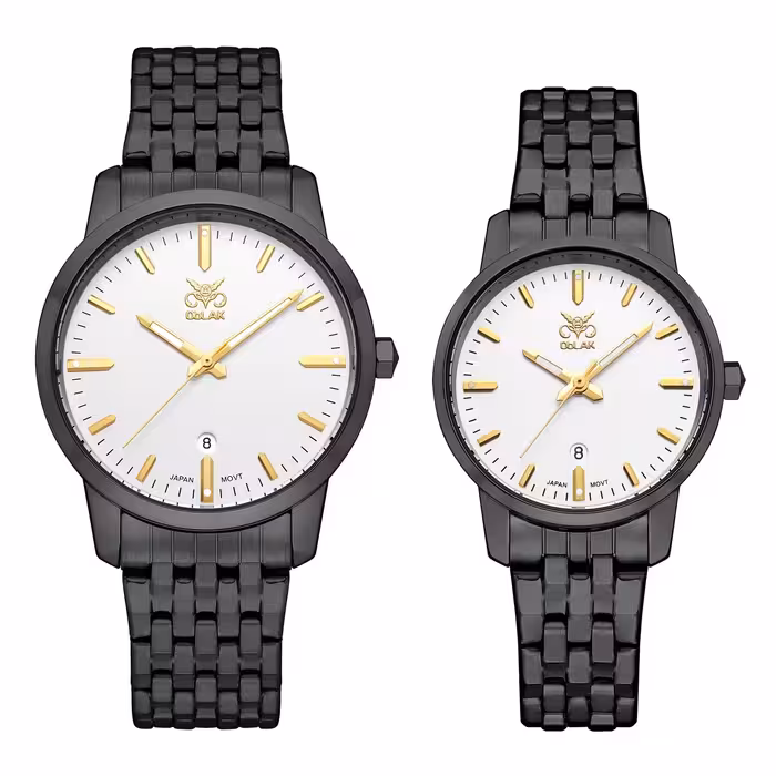 ست ساعت مچی عقربه ای زنانه و مردانه اوبلاک مدل 72701 رنگ تیتان صفحه سفید
