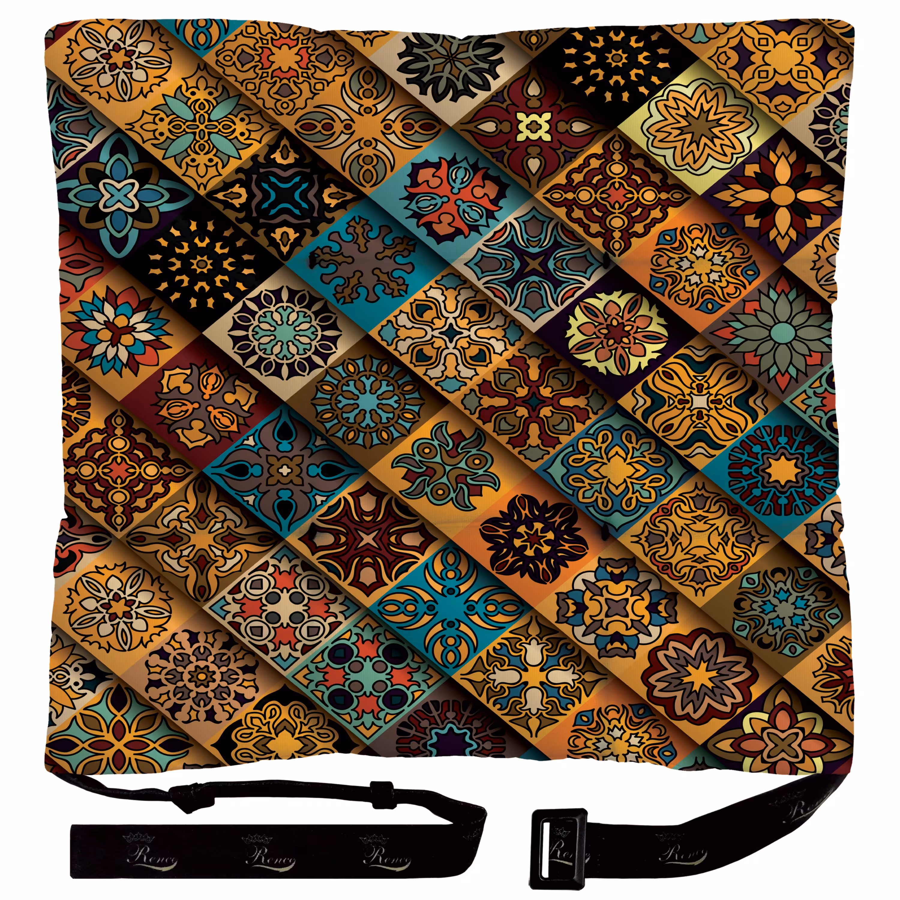 بالش و تشک صندلی مربع پارچه مخمل دو رو چاپ طرح سنتی سایز 38 در 38 مدل M1-524 شرکت رنس