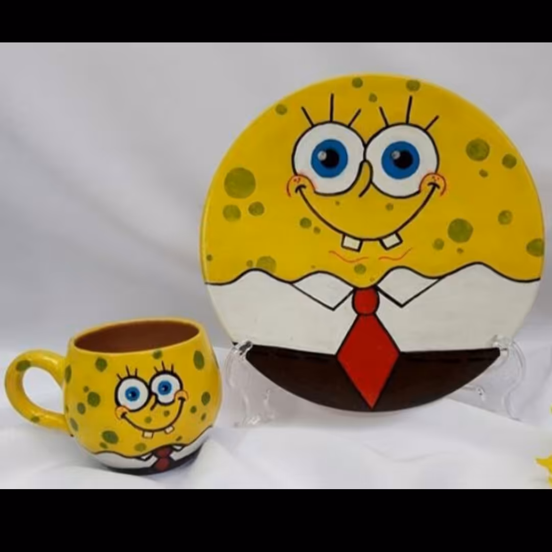 بشقاب سفالی ست با فنجون طرح باب اسفنجی بامزه